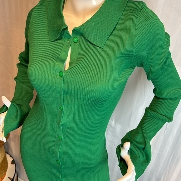 Micas Green Rib Knitted Collared Button Strips Flared Dress Size Large RefI027 - Picture 16 of 17